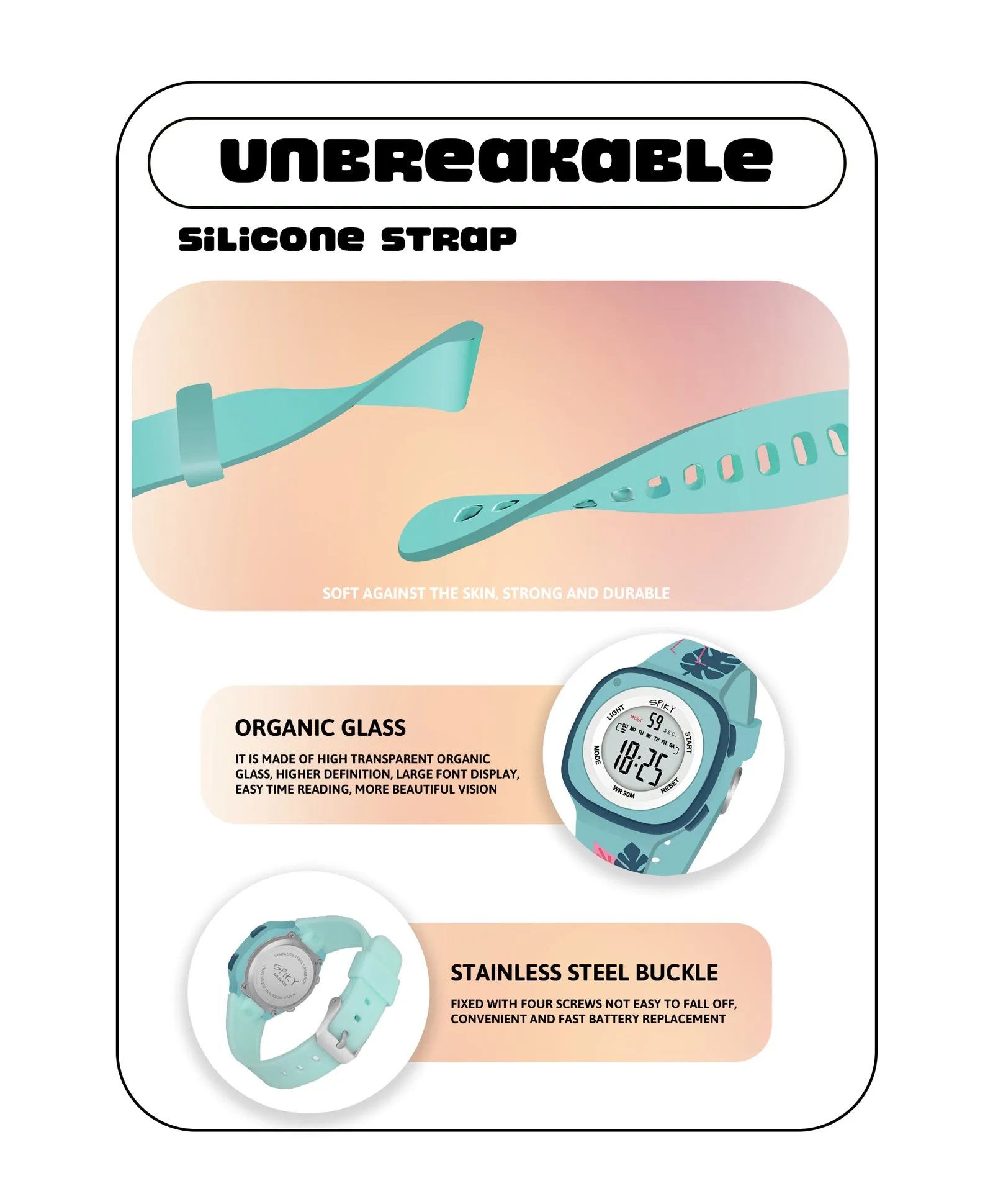 Spiky Square Digital Watch for Kids - Turquoise