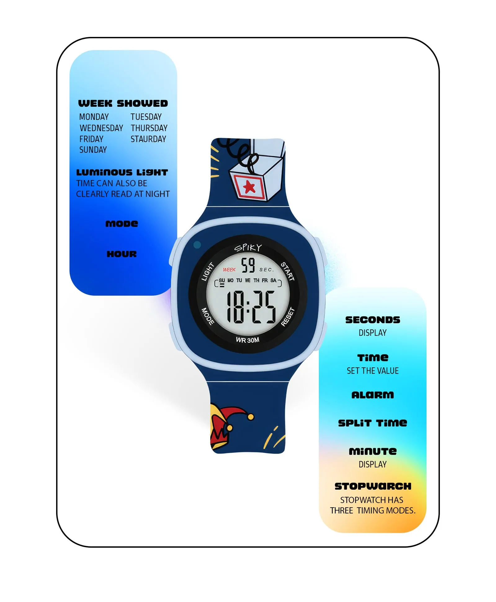 Spiky Square Digital Watch for Kids - Turquoise