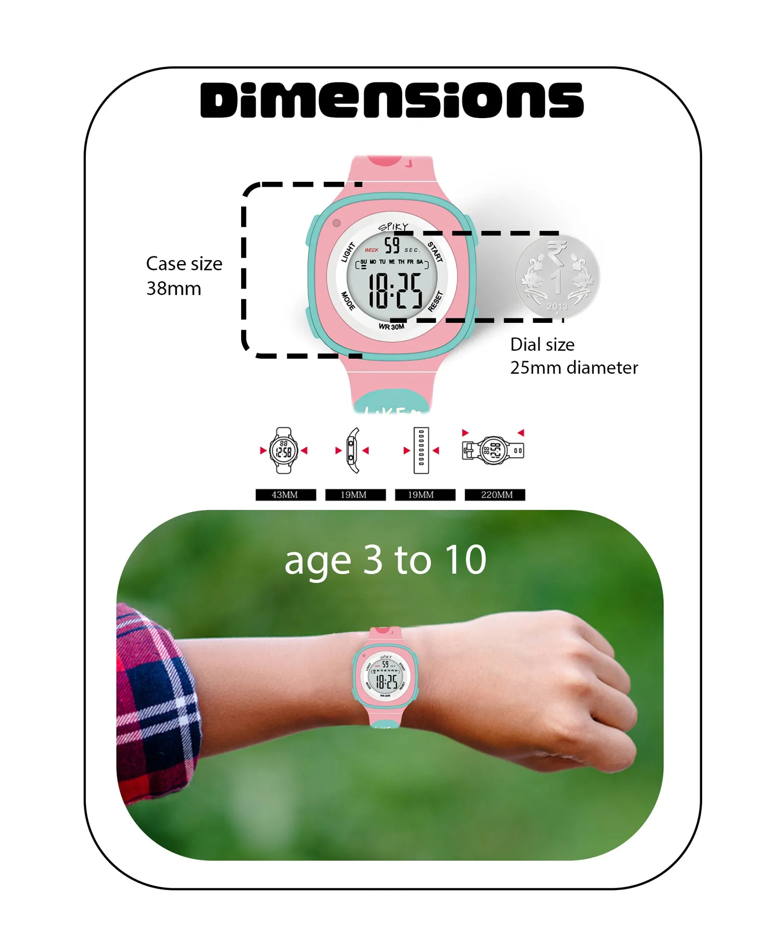 Spiky Square Digital Watch for Kids - Turquoise