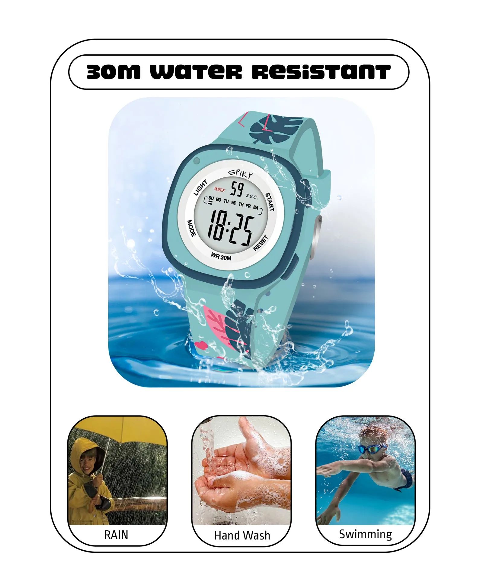Spiky Square Digital Watch for Kids - Turquoise