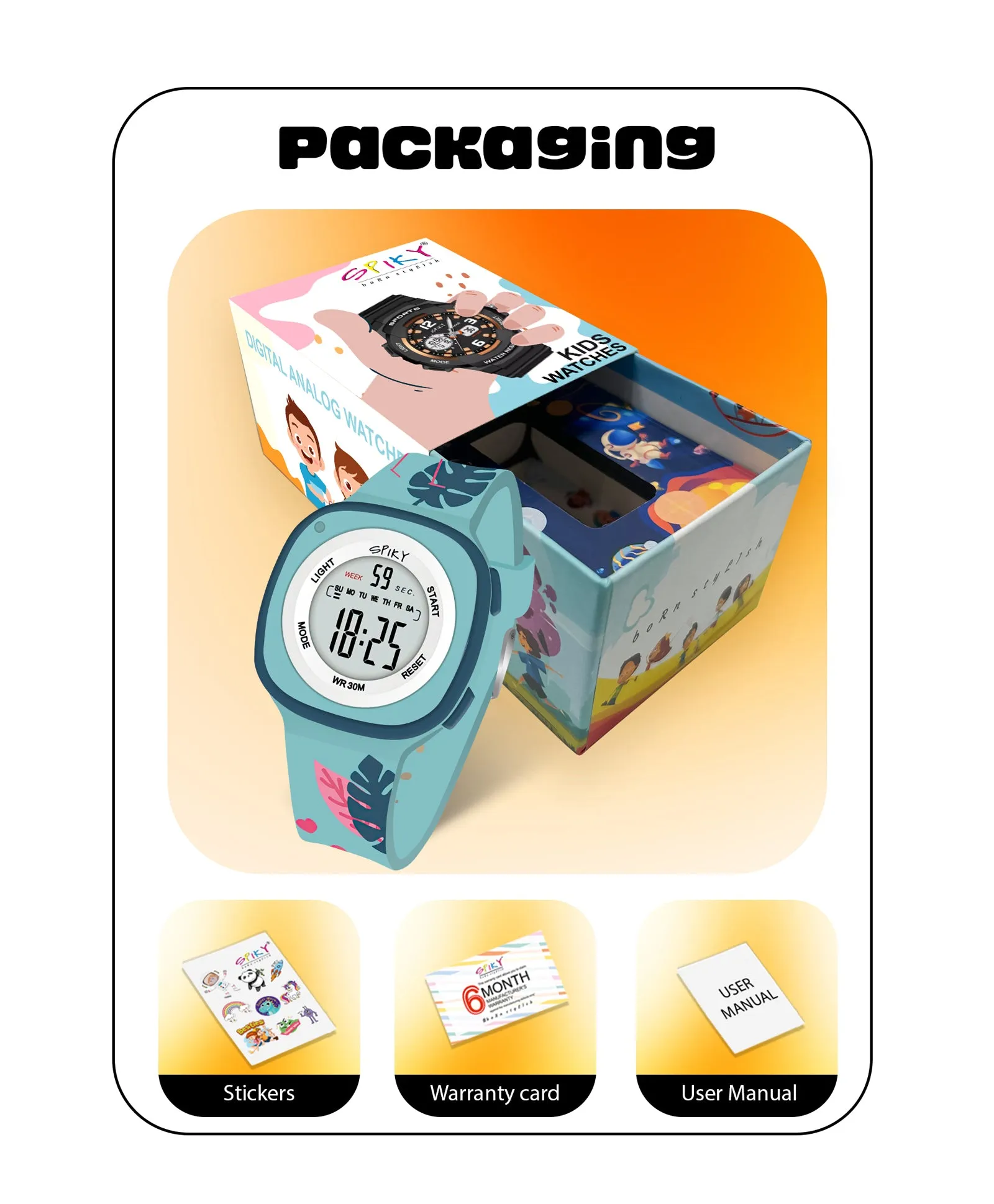 Spiky Square Digital Watch for Kids - Turquoise
