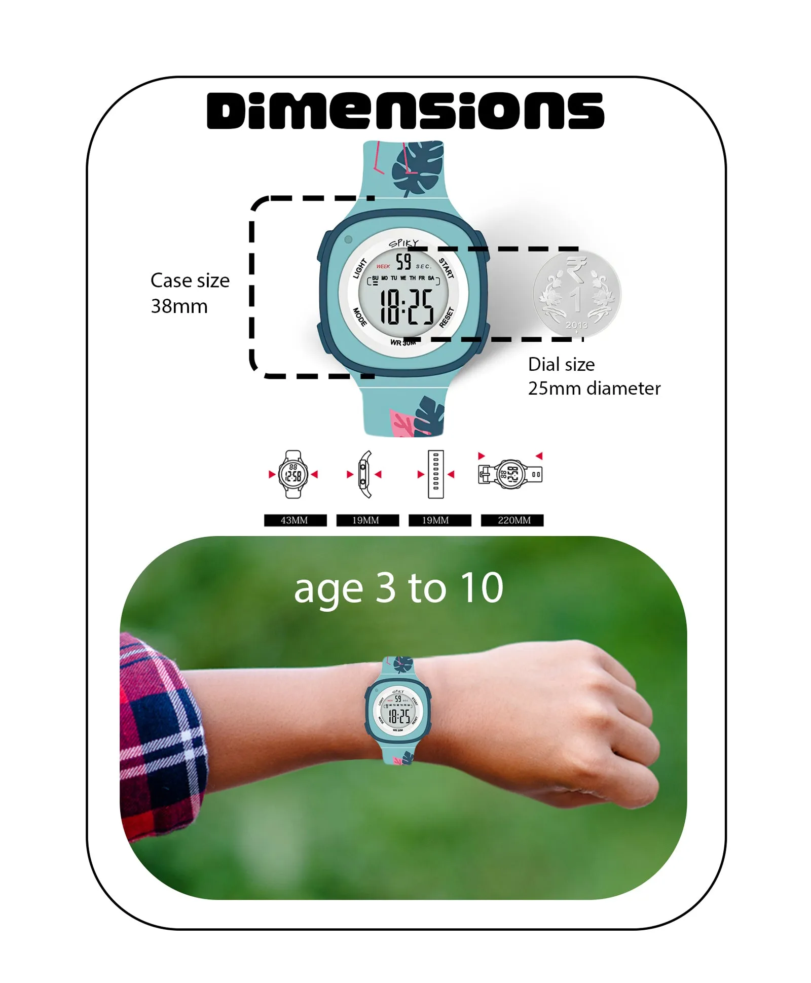 Spiky Square Digital Watch for Kids - Turquoise