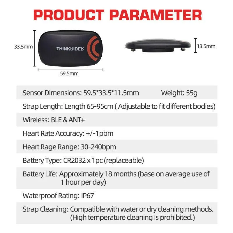 ThinkRider Heart Rate Monitor Chest Strap ANT  BLE 4.0 Fitness Sensor Compatible Belt Wahoo Polar Garmin Connected Cycl