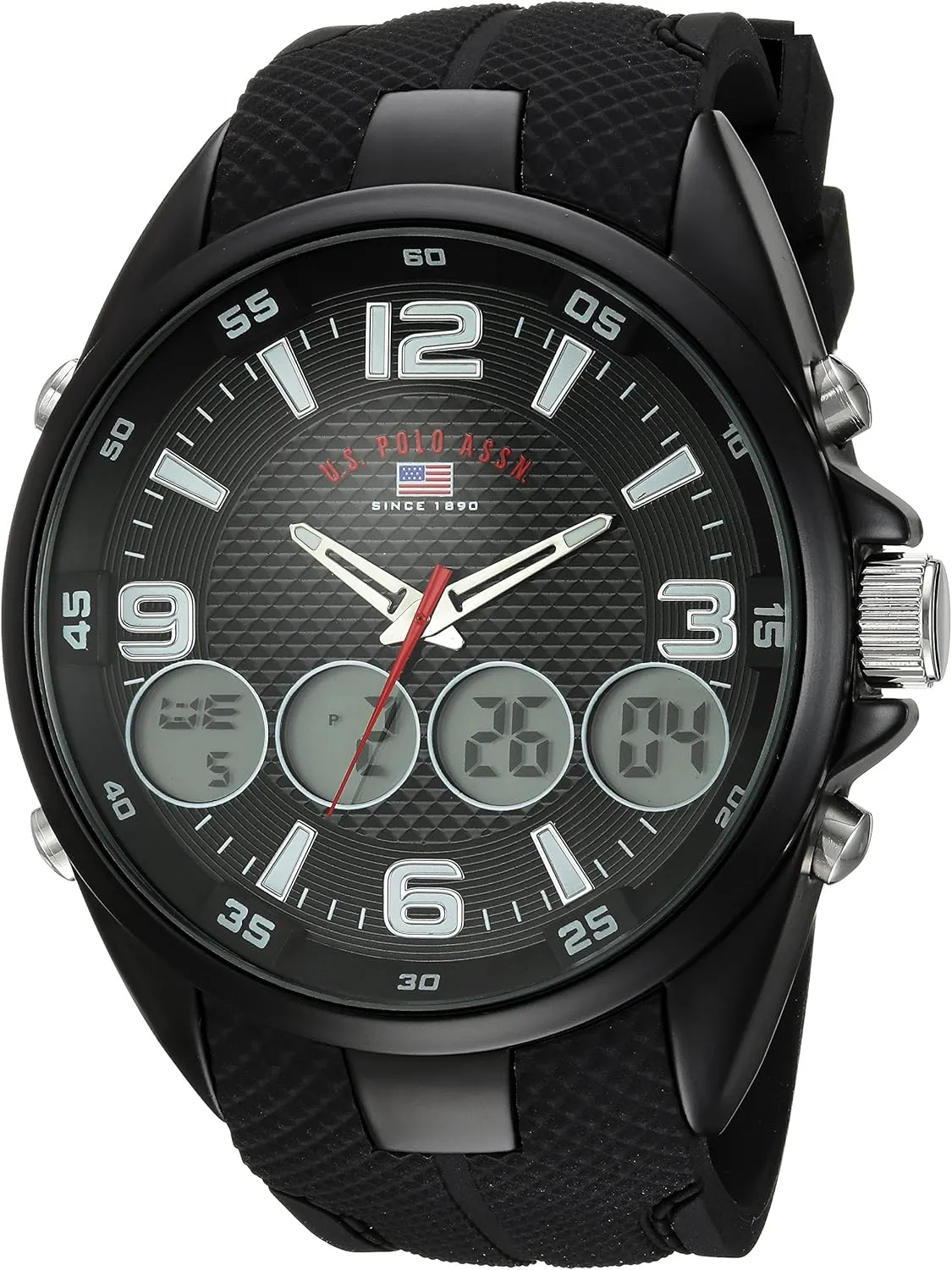 U.S. Polo Assn. Men's Ana-Digital Sport Watch  Black Dial with Multiple Digital Windows, Textured Strap, Stopwatch & Alarm Functions  46mm Case  Fits Wrists 5.5" to 8"