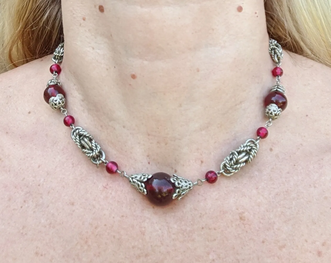 Vintage Art Deco red glass and chrome machine age necklace - Jakob Bengel attributed