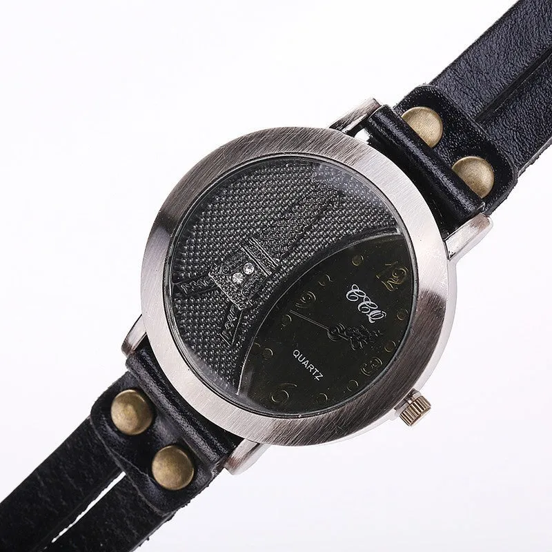 Vintage Tower Watch Genuine Leather Bracelet Watches Women WristWatch Quartz Watch
