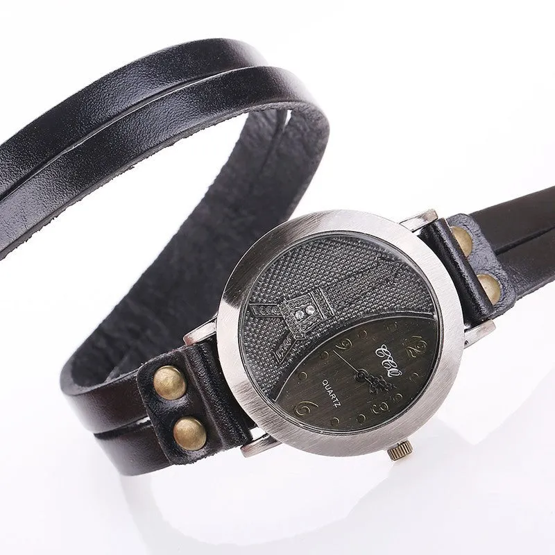 Vintage Tower Watch Genuine Leather Bracelet Watches Women WristWatch Quartz Watch