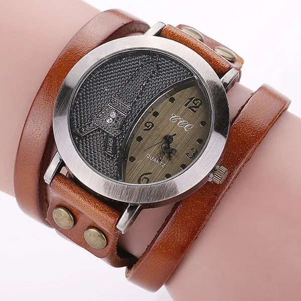 Vintage Tower Watch Genuine Leather Bracelet Watches Women WristWatch Quartz Watch