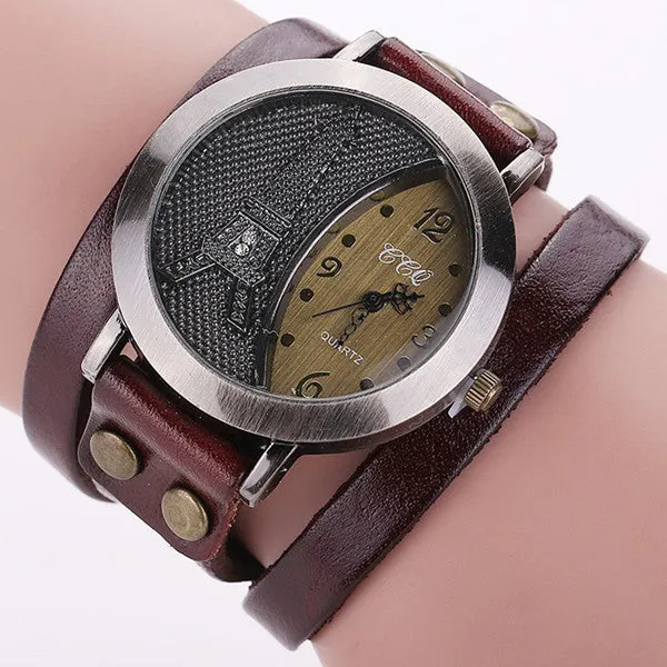 Vintage Tower Watch Genuine Leather Bracelet Watches Women WristWatch Quartz Watch