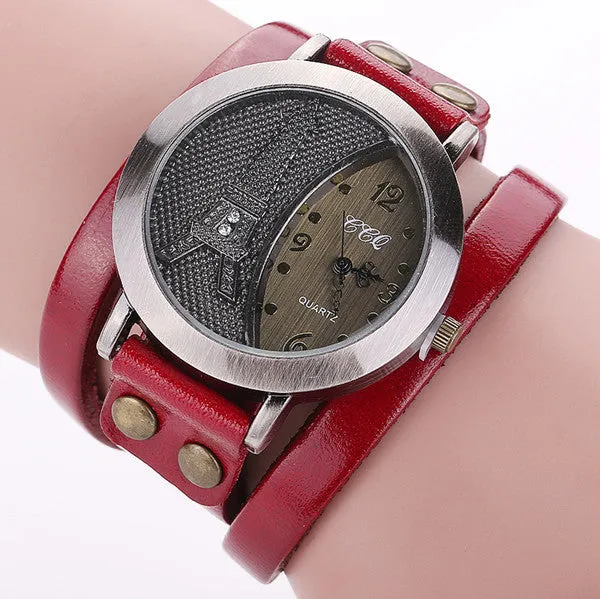 Vintage Tower Watch Genuine Leather Bracelet Watches Women WristWatch Quartz Watch