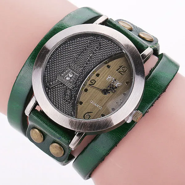 Vintage Tower Watch Genuine Leather Bracelet Watches Women WristWatch Quartz Watch