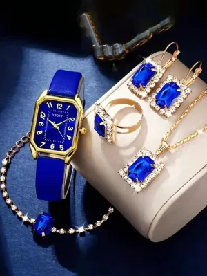Women's Retro Rectangle Pointer Quartz Watch Analog Pu Leather 6pcs/Set
